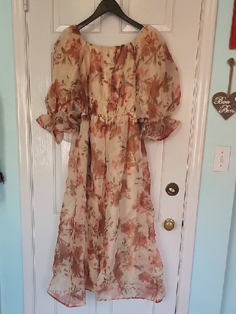 Sheer Water Color Floral Midi Dress in Cream and Rust - Picture 4 of 4